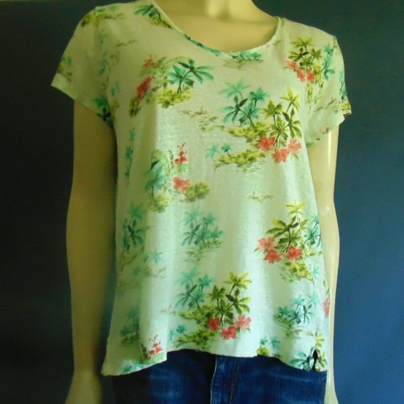 J. Jill love Linen Chartreuse Green Tropical Print T-Shirt L - Picture 1 of 7